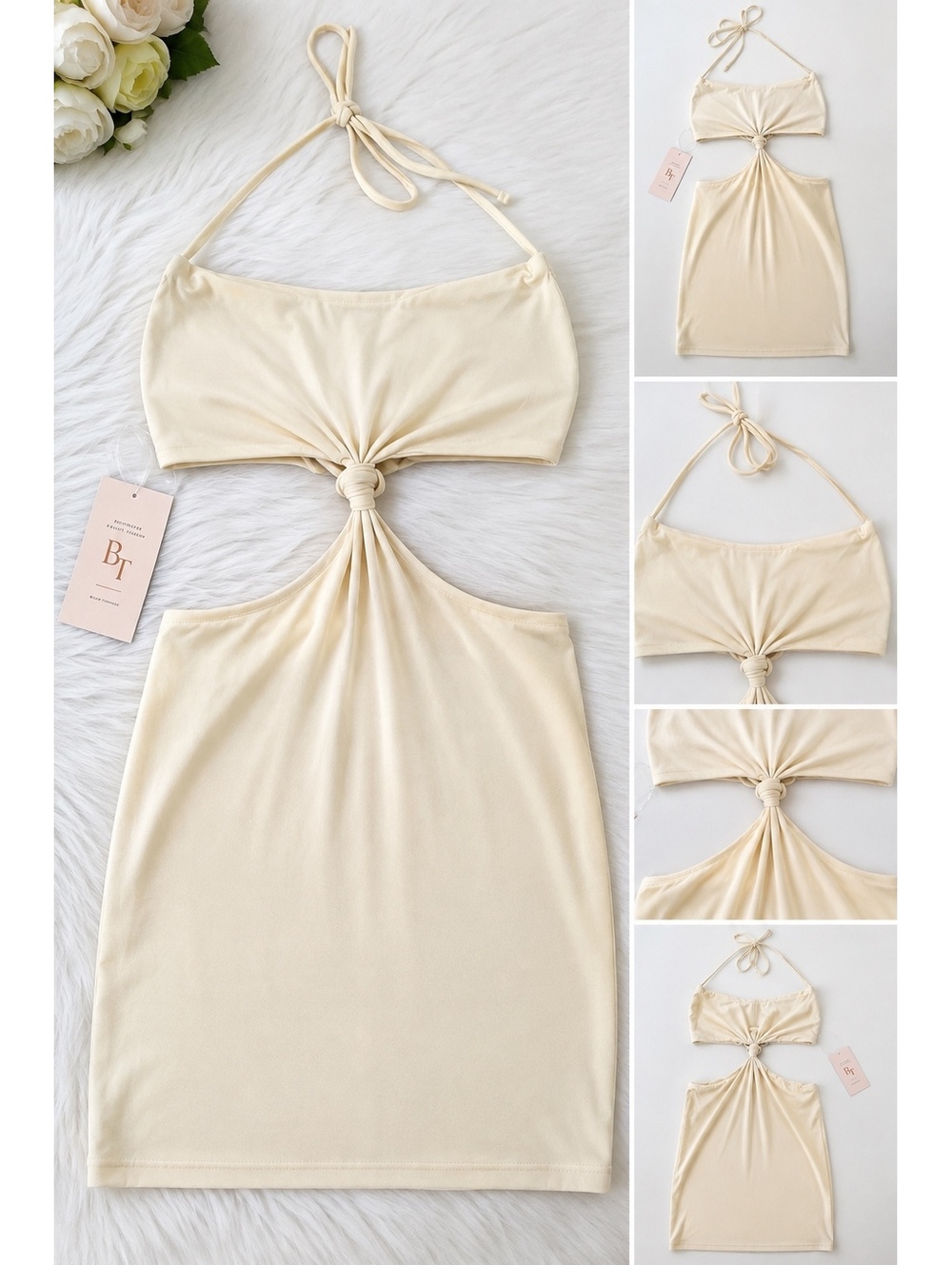 Blush Theory Women’s Cream Halter Cutout Bodycon Mini Dress NWT Size Small